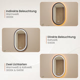 Badspiegel mit Beleuchtung Oval schwarz 50 x 80 cm Aluminiumrahmen direkter und indirekter LED-Beleuchtung Antibeschlag Touch dimmbar