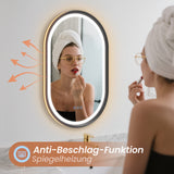 Badspiegel mit Beleuchtung Oval schwarz 50 x 80 cm Aluminiumrahmen direkter und indirekter LED-Beleuchtung Antibeschlag Touch dimmbar