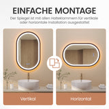 Badspiegel mit Beleuchtung Oval schwarz 50 x 80 cm Aluminiumrahmen direkter und indirekter LED-Beleuchtung Antibeschlag Touch dimmbar