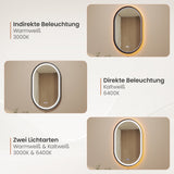 Badspiegel mit Beleuchtung Oval schwarz 60 x 90 cm Aluminiumrahmen direkter und indirekter LED-Beleuchtung Antibeschlag Touch dimmbar