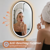 Badspiegel mit Beleuchtung Oval schwarz 60 x 90 cm Aluminiumrahmen direkter und indirekter LED-Beleuchtung Antibeschlag Touch dimmbar