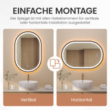 Badspiegel mit Beleuchtung Oval schwarz 60 x 90 cm Aluminiumrahmen direkter und indirekter LED-Beleuchtung Antibeschlag Touch dimmbar