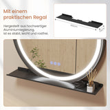 Badspiegel Rund schwarz mit Beleuchtung und Ablage 60 cm Aluminium Rahmen 3 Lichtfarben Antibeschlag Touch dimmbar