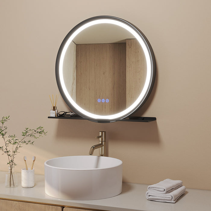 Badspiegel Rund schwarz mit Beleuchtung und Ablage 60 cm Aluminium Rahmen 3 Lichtfarben Antibeschlag Touch dimmbar