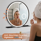 Badspiegel mit Beleuchtung und Ablage Rund 80 cm Aluminium Rahmen schwarz Uhr Kosmetikspiegel Spiegelheizung Touch dimmbar