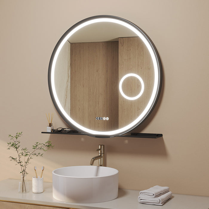 Badspiegel mit Beleuchtung und Ablage Rund 80 cm Aluminium Rahmen schwarz Uhr Kosmetikspiegel Spiegelheizung Touch dimmbar