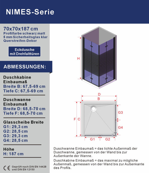 Duschkabine Eckeinstieg mit Falttüren Drehfalttüren Eckdusche faltbar Schwarz Matt aus Sicherheitsglas (ESG) 5 mm Höhe 187 cm