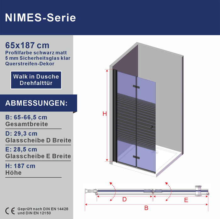 Rahmenlose faltbare Duschabtrennung mit schwarzen horizontalen Streifen faltbare Tür mit drehbaren Scharnierachsen Gesamthöhe 187 cm aus 5 mm dickem Sicherheitsglas gefertigt