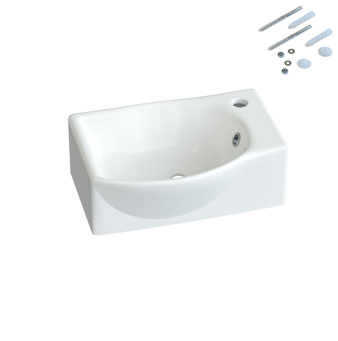 Waschbecken Keramik Waschtisch Hängewaschbecken klein Handwaschbecken Weiß Eckig 40 x 20 cm Badezimmer Gäste WC Hahnloch Rechts mit Stockschrauben