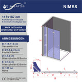 Walkin Dusche Duschwand Glas mit Festteil und Falttür Drehfalttür Duschabtrennung faltbar für Duschwanne Höhe 187 cm