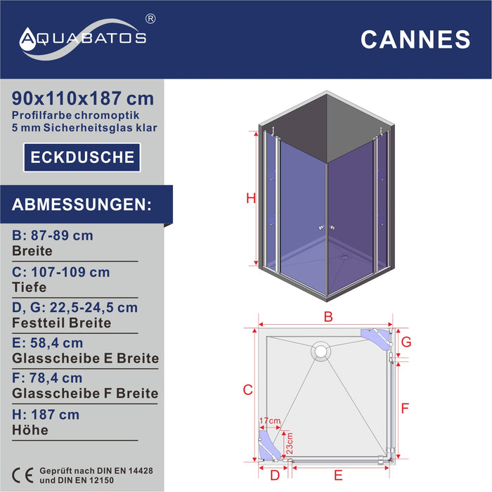 Duschkabine Eckeinstieg Schwingtüren an Festteilen Eckdusche mit Doppeltüren Pendeltüren Drehtüren Eckduschwand Glas mit Eckablage 5 mm klarglas Höhe 187 cm