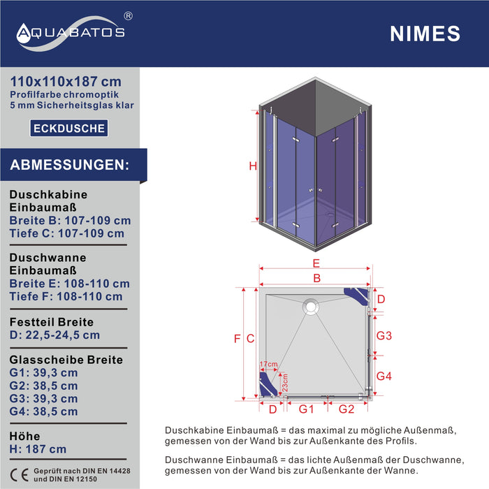 Duschkabine Eckeinstieg faltbar Eckdusche Doppeltüren Falttüren Drehfalttüren an Festteilen mit Eckablage Höhe 187 cm