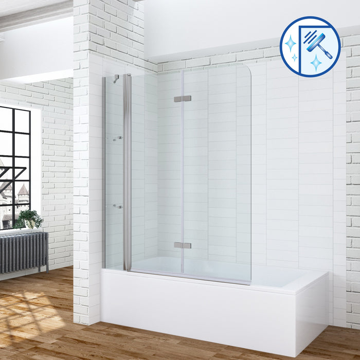 150 x 140 cm Duschabtrennung für Badewanne Duschtrennwand Glaswand faltbar mit Festteil Duschablage aus Sicherheitsglas 5mm mit Lotuseffekt Beschichtung