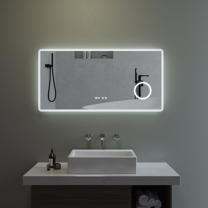 Badspiegel mit LED Beleuchtung Licht und Uhr 120x60cm BORAS Typ D | Kosmetikspiegel Digital Uhr Touch Sensor Dimmbar Spiegelheizung Kaltweiß 6400K