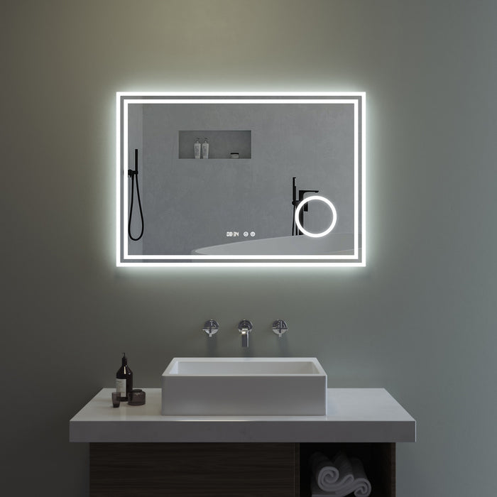LED Spiegel mit Uhr und Kosmetikspiegel für Bad 100x70cm ESSENS Typ D | Kosmetikspiegel Digital Uhr Touch Sensor Dimmbar Spiegelheizung Kaltweiß 6400K