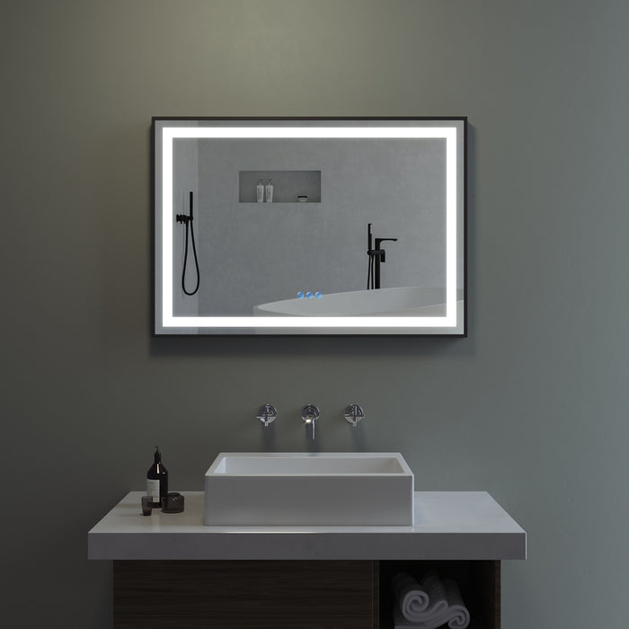 Badspiegel mit LED Beleuchtung Schwarz Rahmen 100x70cm SAUTENS Typ C | Touch Sensor Dimmbar Spiegelheizung Kaltweiß 6400K Warmweiß 3000K