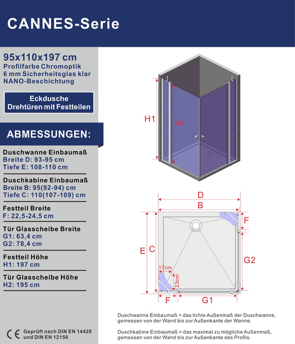 Duschkabine Eckeinstieg Schwingtüren an Festteilen Eckdusche mit Doppeltüren Pendeltüren Drehtüren Eckduschwand Glas mit Eckablage 6 mm Nanoglas Höhe 197 cm
