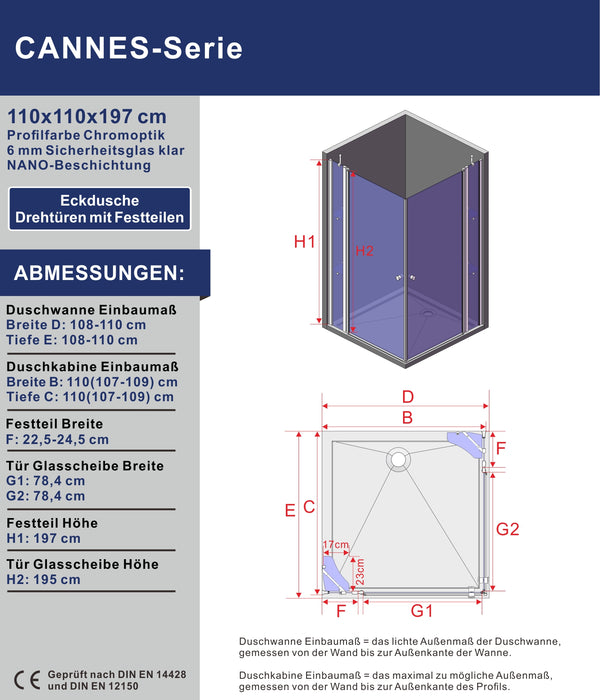 Duschkabine Eckeinstieg Schwingtüren an Festteilen Eckdusche mit Doppeltüren Pendeltüren Drehtüren Eckduschwand Glas mit Eckablage 6 mm Nanoglas Höhe 197 cm
